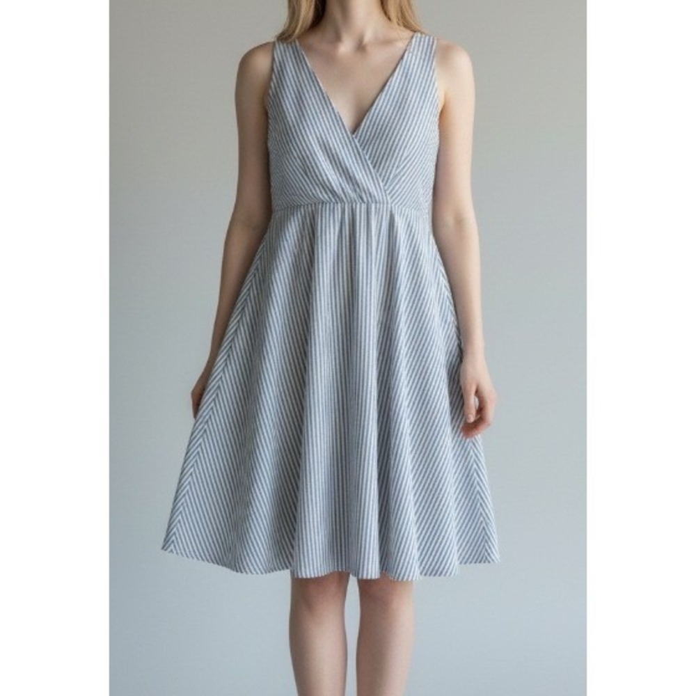 Masscob Striped V-Neck Fit Flare Dress Womens XS Blue Sleeveless Resortwear